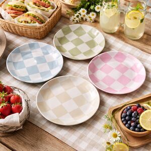 Set Of 4 Bamboo Melamine Checkered Deep 9" Food Safe Picnic Patio Plate Set #H